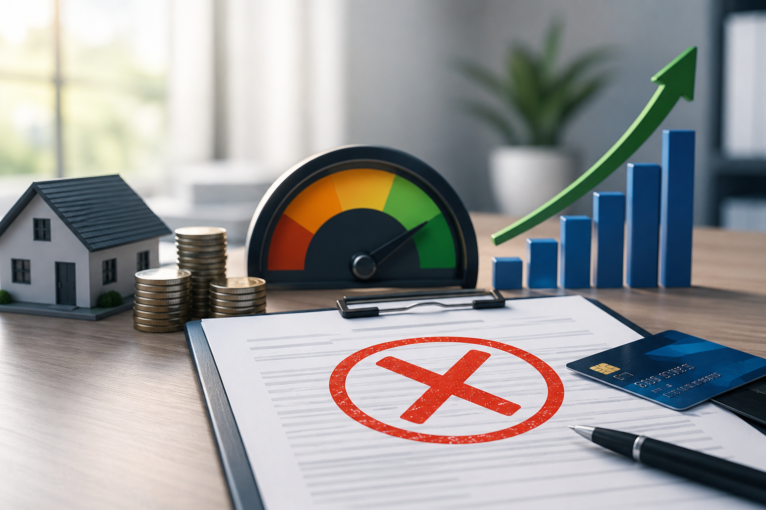 Loan denial cover image showing denied application paperwork, credit score dashboard, and approval barriers to fix before reapplying.