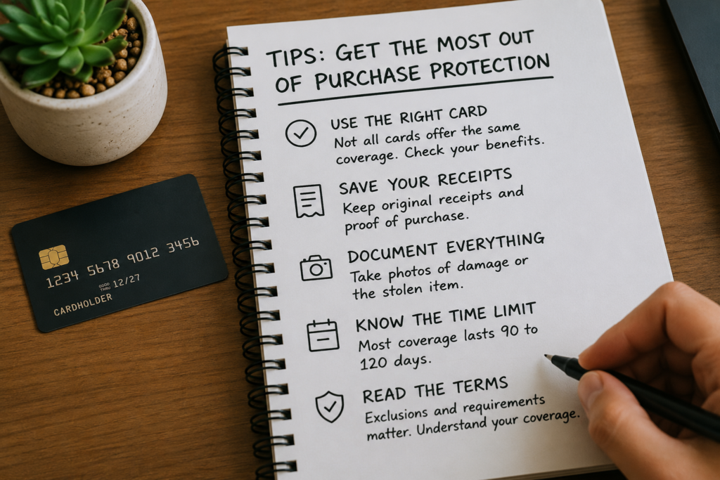 Notebook checklist showing practical credit card purchase protection tips beside a premium card on a clean wooden desk