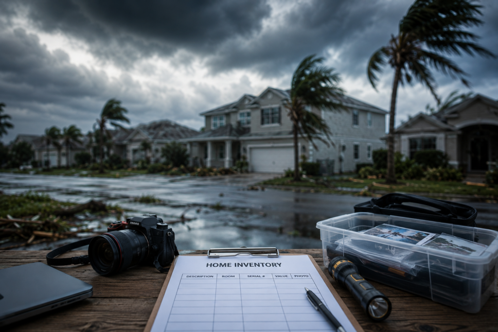 Storm clouds over an American suburban neighborhood with a home inventory checklist, camera, flashlight, and storage box prepared for storm season documentation.