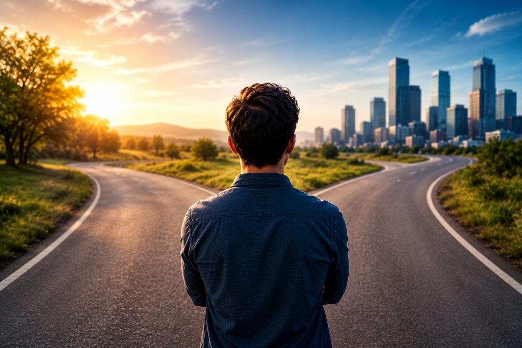 A man stands at a forked road between a peaceful rural path and a modern city skyline, symbolizing a major financial decision between two strategic loan options.
