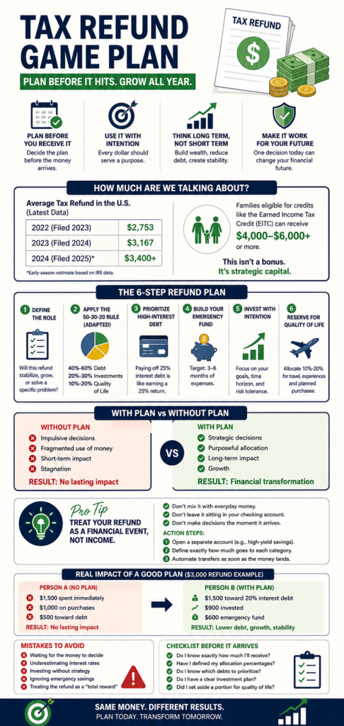 Infographic showing a tax refund strategy in the U.S., including average refund data, debt payoff plan, investing steps, and financial planning checklist.