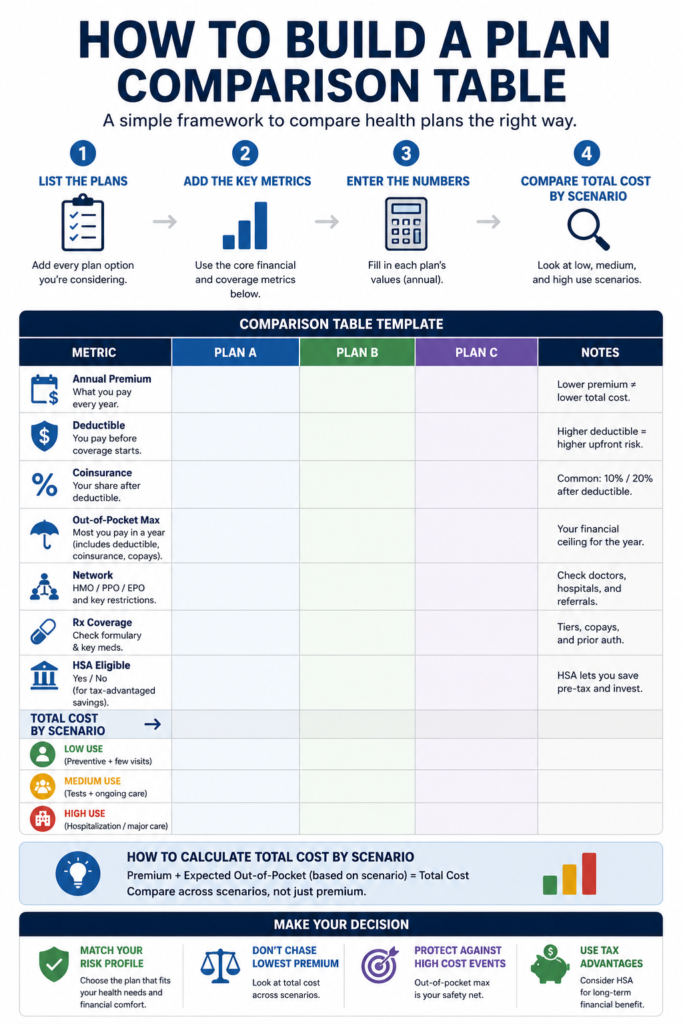 Infographic showing a step-by-step framework to compare health insurance plans, including key metrics like premium, deductible, coinsurance, out-of-pocket maximum, and total cost across low, medium, and high medical usage scenarios.